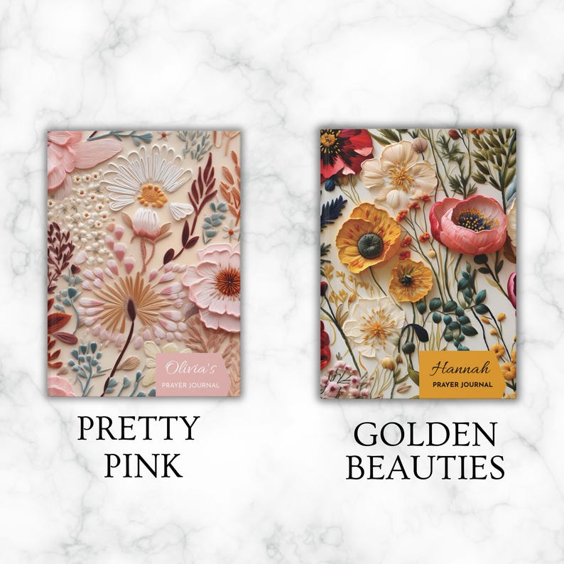 K&ouml;nnte beinhalten: Zwei florale Gebetsjournale mit unterschiedlichen Farbschemata. Das Journal auf der linken Seite hat ein pinkfarbenes und wei&szlig;es Blumenmuster mit dem Text "Olivia's Prayer Journal" und dem Text "Pretty Pink" unter dem Bild. Das Journal auf der rechten Seite hat ein gelbes und rotes Blumenmuster mit dem Text "Hannah Prayer Journal" und dem Text "Golden Beauties" unter dem Bild.