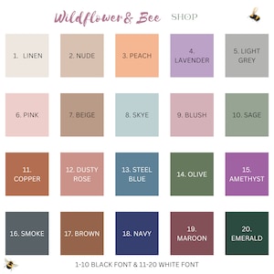 May include: Color chart with 20 different color swatches. The swatches are labeled with numbers and color names, such as linen, nude, peach, lavender, light grey, pink, beige, skye, blush, sage, copper, dusty rose, steel blue, olive, amethyst, smoke, brown, navy, maroon, and emerald. The text at the bottom of the chart reads "1-10 Black Font & 11-20 White Font".