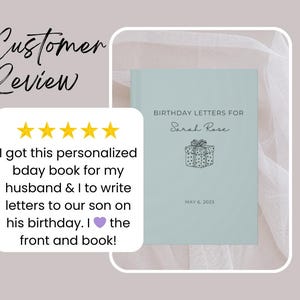May include: A pale blue book titled "Birthday Letters for Sarah Rose" with a gift box illustration. The book includes the date May 6, 2023. A customer review is also visible.