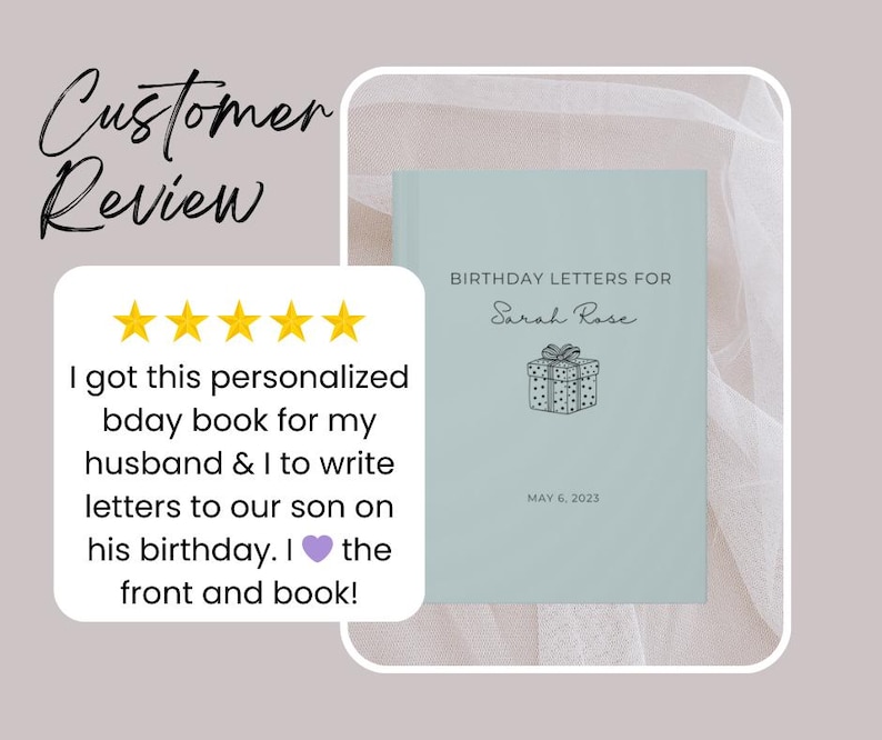 May include: A pale blue book titled "Birthday Letters for Sarah Rose" with a gift box illustration. The book includes the date May 6, 2023. A customer review is also visible.