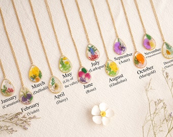 Collier de fleurs pour le mois de naissance, collier fleurs pressées, collier en larme de fleurs pour mois de naissance, bijoux botaniques, bijoux faits main, cadeau d'anniversaire