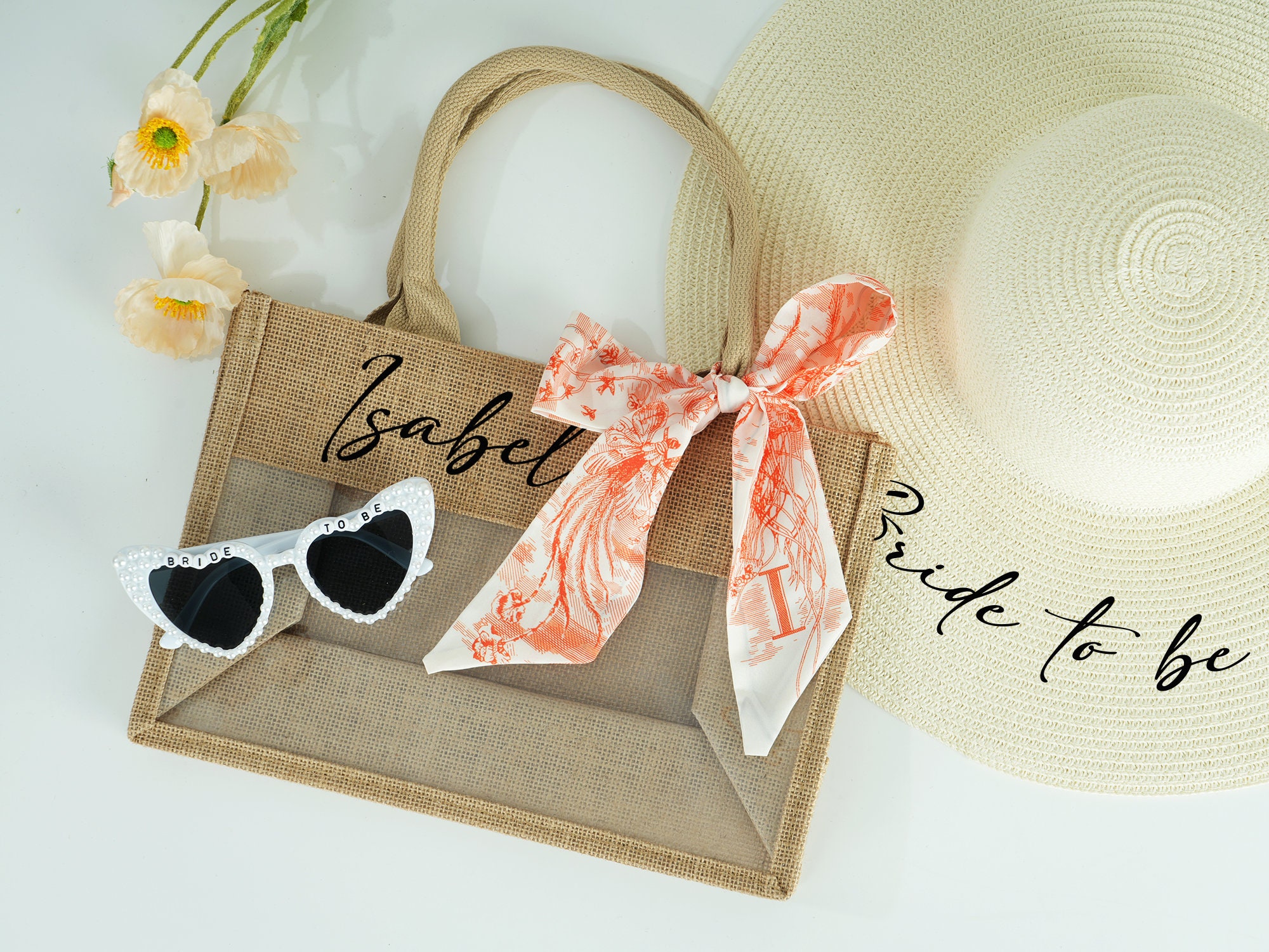 Bridesmaid Beach Bags, Bachelorette Bag, Custom Jute Bag With Scarf, Custom Burlap Tote