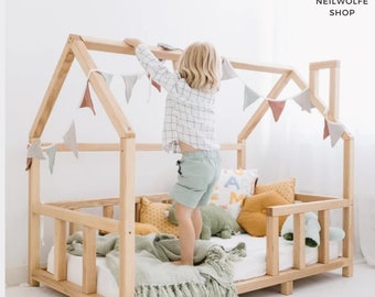 Bed Frame for Montessori House with Slats and Legs, Furniture for toddlers, indoor playhouse, nursery décor, and children's play area