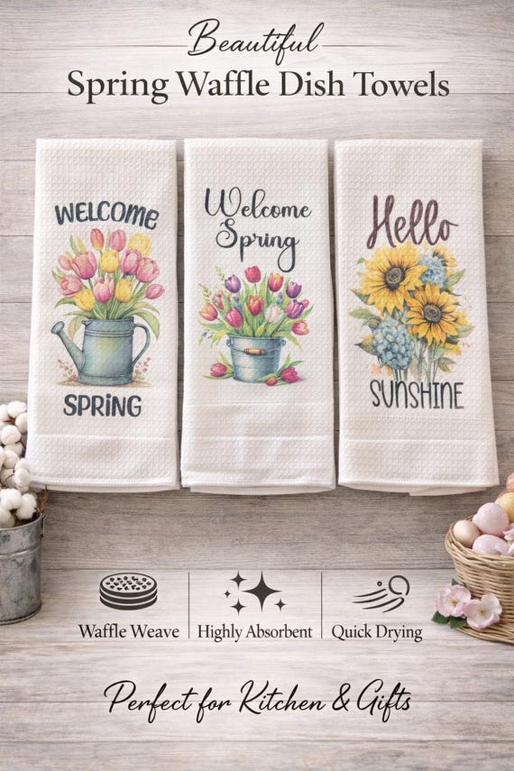 Welcome spring Microfiber Waffle Weave 16 x 24 Dish Towel