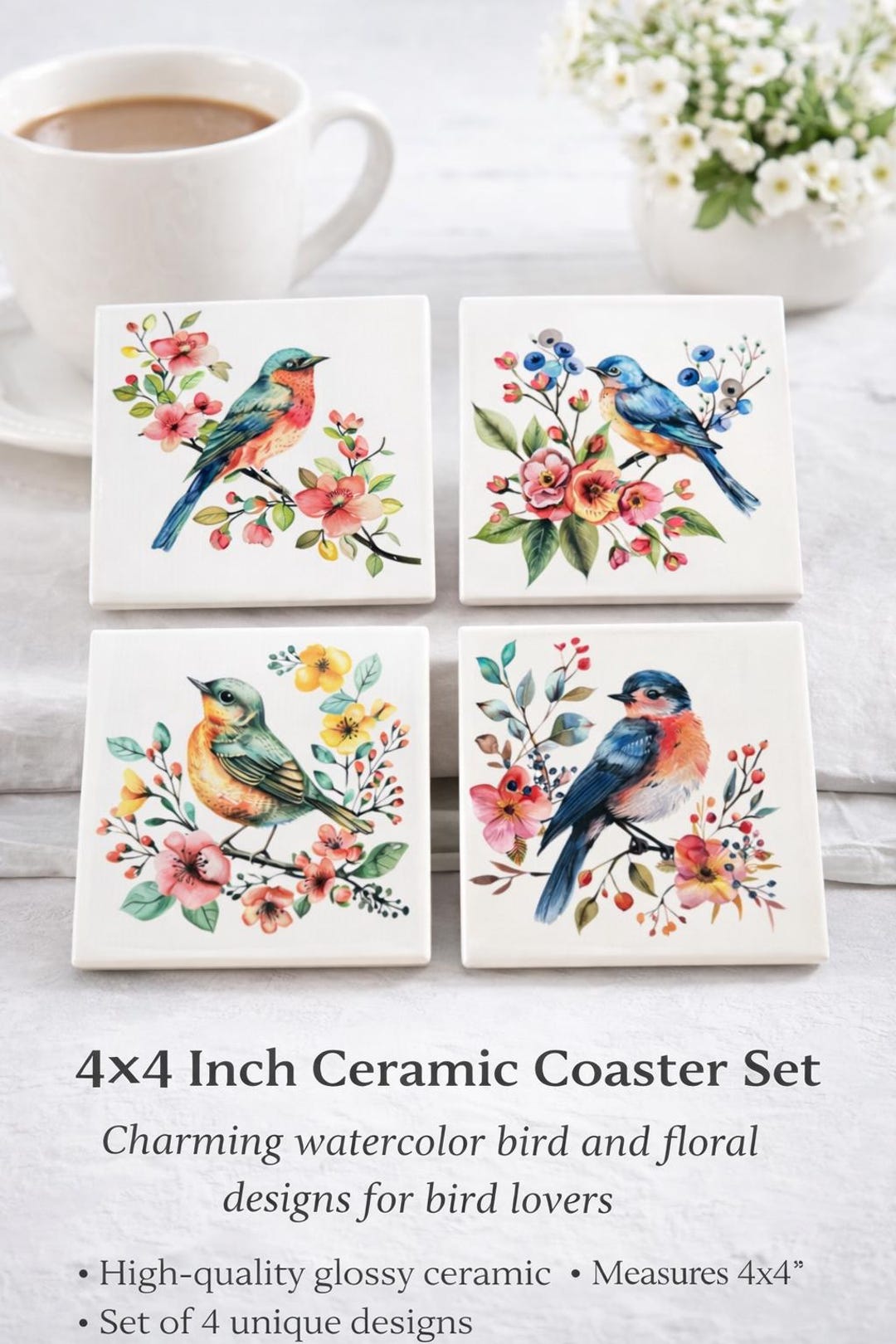 Watercolor Bird Ceramic Coaster Set, Home Decor Gift, Housewarming - Etsy