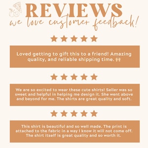 May include: A graphic with the text "REVIEWS we love customer feedback!" in a handwritten style. The graphic includes customer reviews with five-star ratings and positive comments about product quality and service.