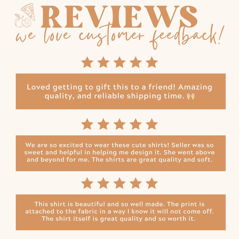 May include: A graphic with the text "REVIEWS we love customer feedback!" in a handwritten style. The graphic includes customer reviews with five-star ratings and positive comments about product quality and service.