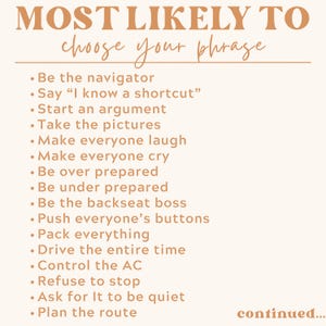 May include: A beige-colored graphic with the text "MOST LIKELY TO choose your phrase" in a brown, stylized font. The list includes phrases like "Be the navigator," "Start an argument," and "Drive the entire time." The word "continued..." appears at the bottom.