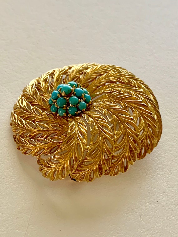 Vintage 18k Yellow Gold Feather Persian Turquoise… - image 3