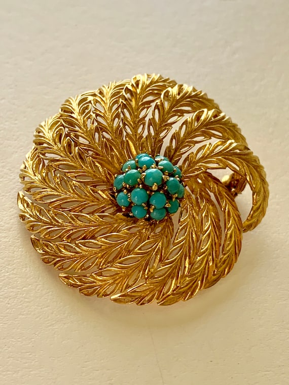 Vintage 18k Yellow Gold Feather Persian Turquoise… - image 2