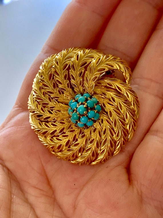 Vintage 18k Yellow Gold Feather Persian Turquoise… - image 1
