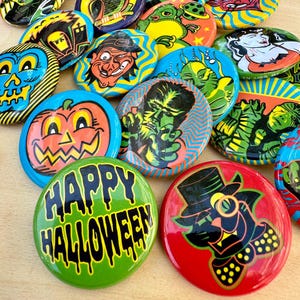 Retro Halloween Set of 20 Classic Horror Monsters Button Pins, Traditional Old-School Style | 1.25" Size