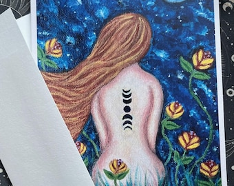 Lunar Goddess Note Card: Celestial Magic Art, Blank Greeting Card