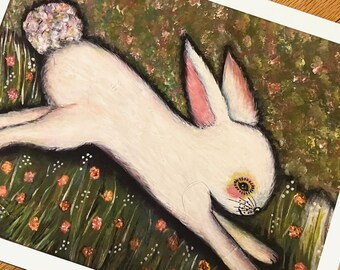 Folk Art Bunny Giclée Print: Whimsical Rabbit Wall Art (8x10)