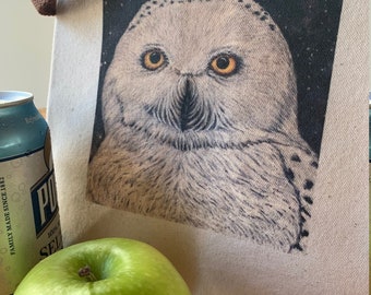 Snowy Owl Canvas Lunch Bag Eco-Friendly Washable Bag Gift for Owl Lovers Non-Insulated