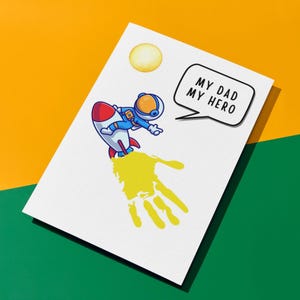 Rocket Handprint Craft for Dad | My Dad My Hero Printable Card | Father’s Day DIY Gift from Kids | Space Astronaut Keepsake Art