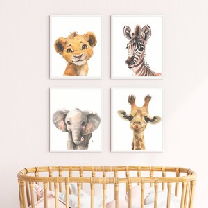 Juego imprimible de 4 láminas de animales para bebés, arte de pared para habitación infantil, juego de láminas de animales de safari para habitación infantil, póster MONTESSORI de animales bebés, descarga instantánea