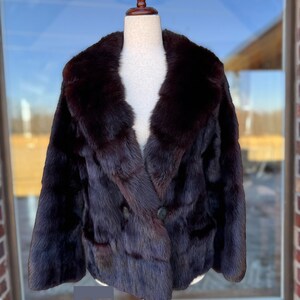 Puede incluir: Chaqueta de piel marrón oscuro con cuello ancho y cierre de un solo botón. La chaqueta se exhibe en un maniquí. El texto "CHICKASAW FURS" es visible en la parte inferior de la imagen.