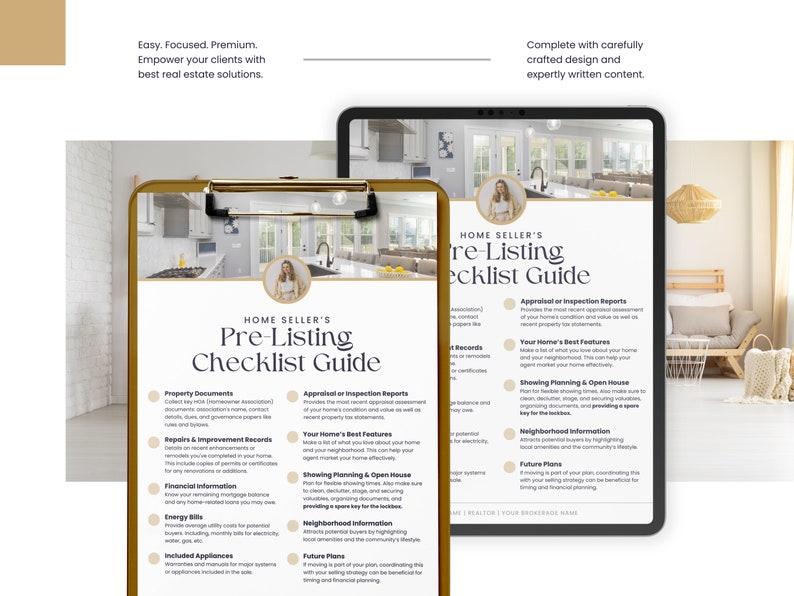 Real Estate Marketing Template: Easy-to-use guide for home seller checklist or pre-selling checklist guide in beige, white, dark. Professional content for beginners, realtors, and agents Made with Canva. Template with Content. SunriseDesignHaus