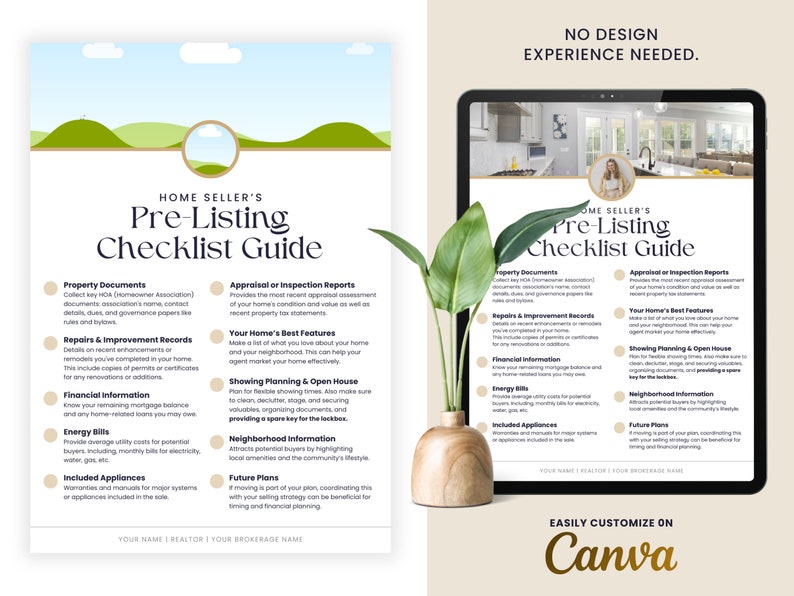Real Estate Marketing Template: Easy-to-use guide for home seller checklist or pre-selling checklist guide in beige, white, dark. Professional content for beginners, realtors, and agents Made with Canva. Template with Content. SunriseDesignHaus
