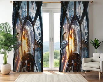 Star Wars Curtains, Sci-Fi Movie Scene Window Drapes, Epic Starship Combat Decor, Galaxy Warrior Bedroom Drapes