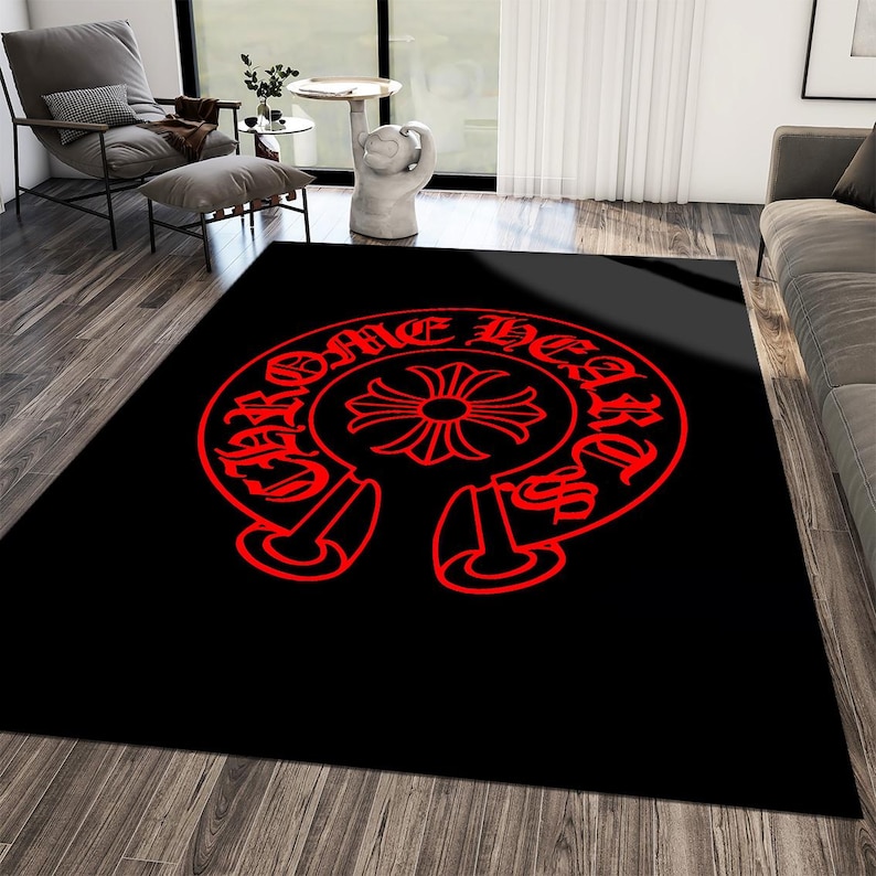 Gothic Horseshoe Red and Black Area Rug, Chrome Hearts Inspired Hypebeast Carpet, Dark Academia Man Cave Decor, Cool Edgy Bedroom Rug image 2