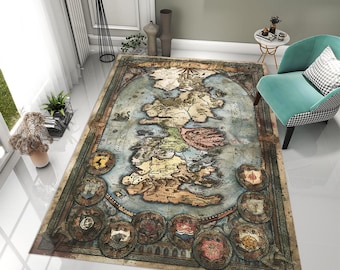 Westeros Map Rug, GOT themed map rug, Fantasy World Map Area Rug, Medieval Kingdom Map Carpet,Gameroom Floor Decor, Teen  Room Rug