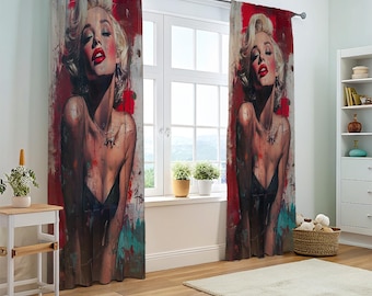 Cortinas con retrato de Marilyn Monroe, cortinas estilo glamour vintage de Hollywood, decoración de ventanas en blanco y negro.