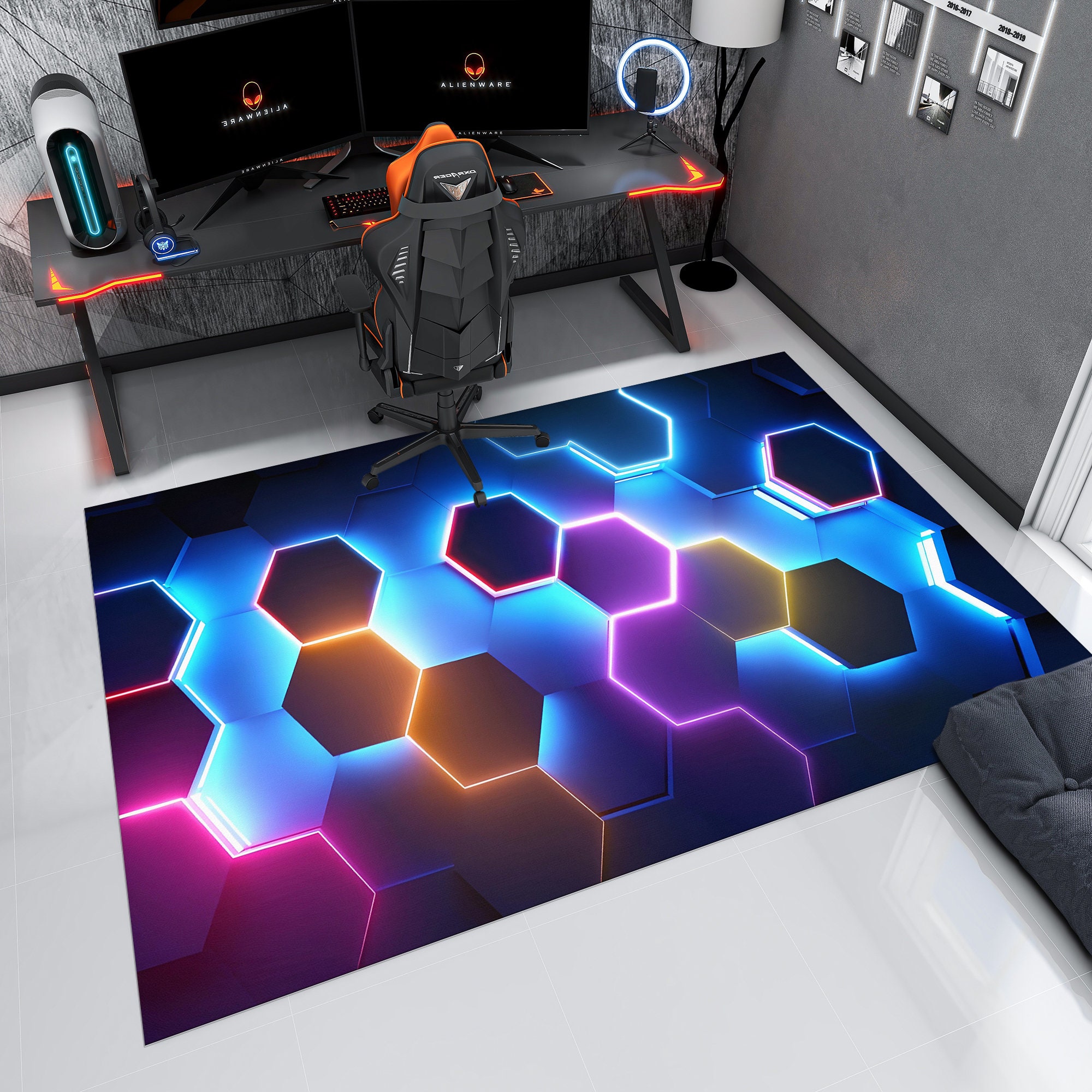 Gaming Rug Full View Colorful Hexagon Rug,gamer Rug,gaming Rug,game Rug,geometric Rug,play ...