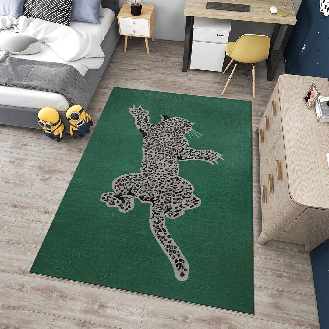 Emerald Green Leopard Area Rug, Exotic Jungle Animal Carpet, Modern ...