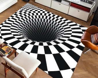 3D Vortex Illusion Area Rug, Black and White Checkerboard Carpet, Trippy Visual Effect