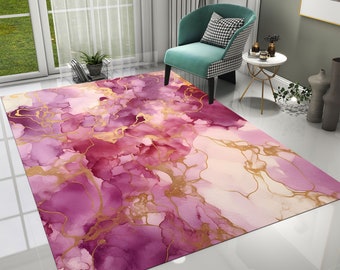 Pink Marble Area Rug, Modern Gold Veins, Abstract Design