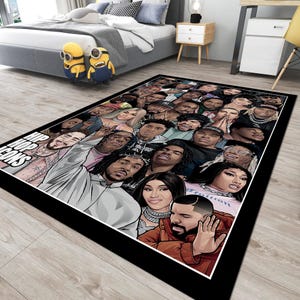 May include: Black and white rug with a graphic print of hip hop icons. The rug features a large group of people with the text "Hip Hop Icons" in the top left corner.
