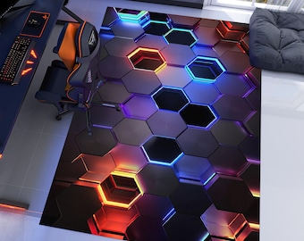 3D Hexagon Rug,Gamer Rug,Gaming Rug,Game Rug,Geometric Rug,Colorful Rug,Game Room Rug,Game Decor,Custom Rug,Neon Rug,Area Rugs,Gaming Gift