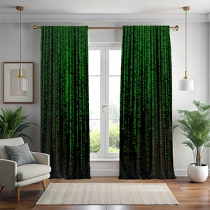 May include: Green and black patterned curtains with a digital rain design. The curtains hang in front of a window, with a chair and plants visible in the room. The design features green characters cascading down a black background.