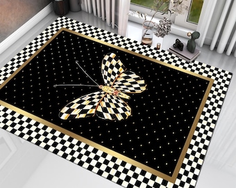 Alfombra de área con mariposas a cuadros, alfombra de lujo negra y dorada, alfombra de decoración para el hogar estilo Mackenzie, alfombra para sala de estar,