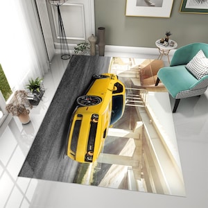 Yellow Muscle Car Area Rug, American Challenger Sports Car Carpet, Cool Sim Racing Gamer Room Decor, Modern Man Cave Floor Mat