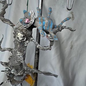 Handsculpted Papermache Halloween Creepy Vintage Style Alice In Wonderland Falling down Rabbit Hole with Cheshire Cat in Creepy Tree 8 1/2”