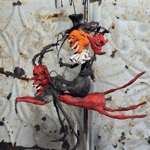 Handmade Papermache Clay Vintage Style Halloween Punkin Spook  Riding  Flying Devil 8”