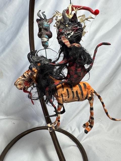 Primitive Papermache Handmade Creepy Halloween Witch Riding Circus Tiger  7” ornaments sculpture