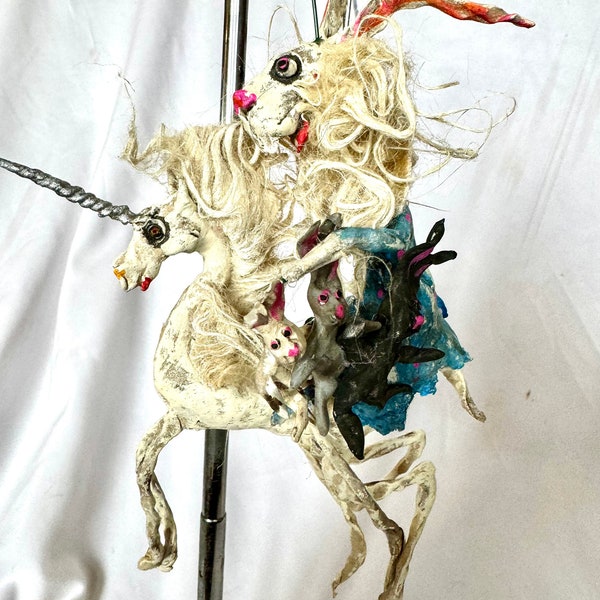 Primitive Papermache Clay Handmade Creepy White Rabbit Dressed with 3 Babies Riding Unicorn 8" ornaments sculptures