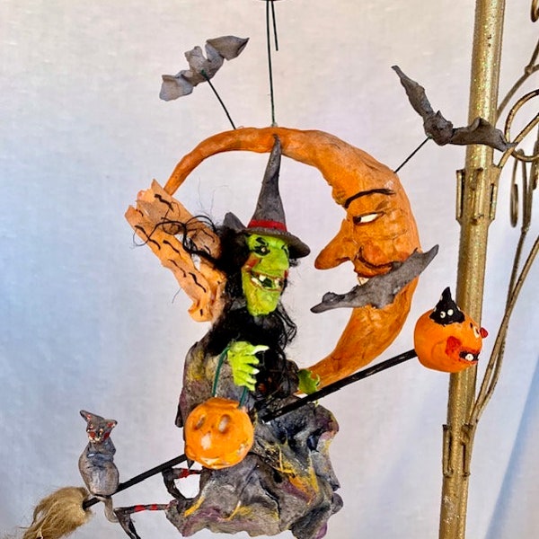 Creepy Vintage Halloween Witch Flying Around Man In Moon with Bats, and Spitting Cat and Punkin Lantern and Punkin Spook on Broom 10” by 10”