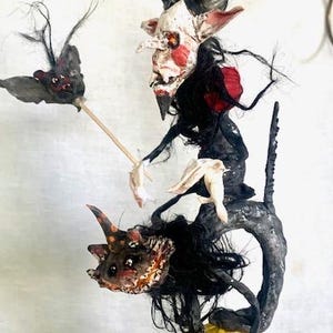 Hand Sculpted Paper Mache Vintage Look Creepy Halloween Dracula Riding Spitting Cat on Moon with Bat Spook 11&quot;