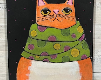 Orange Ginger CAT with green, magenta & yellow scarf  painting by Jenny Elkins 8” x 10” cat lady  - cat lover - ginger cat