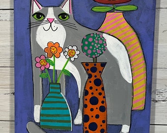 Gray and white CAT still life painting by Jenny Elkins 8” x 10” cat lady - cat lover - whimsical cat painting - gray kitty cat