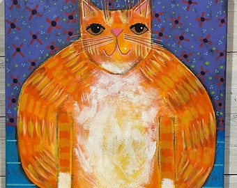 Big chunky orange CAT painting by Jenny Elkins 12 x 12 x 1/2 whimsical - cat lover - cat lady gift - kitty painting - ginger cat