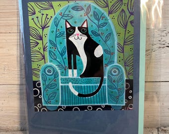 Handsome TUXEDO cat sitting in a chair   blank card  - Blank Greeting Card by Jenny Elkins - includes shipping