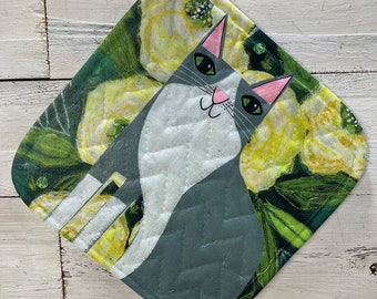 Gray and white cat with yellow roses pot holder by Jenny Elkins - kitchen fashion - kitchen art - hostess gift