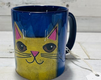 Yellow cat with a flower 11oz MUG - coffee cup - by Jenny Elkins - cat mug - cat coffee cup - floral cat mug - yellow cat