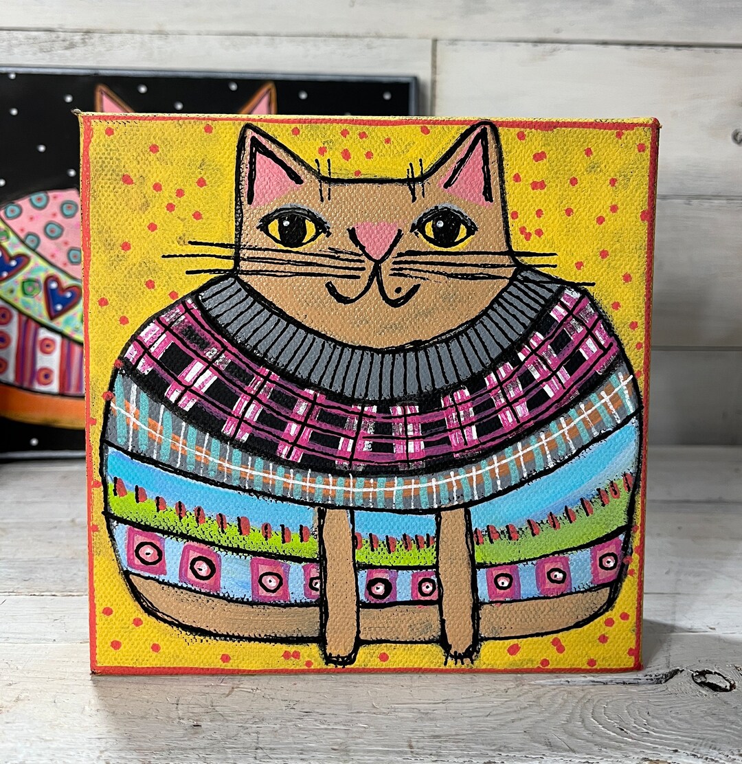 6 X 6 Chunky CAT in Sweater Painting by Jenny Elkins Cat Etsy